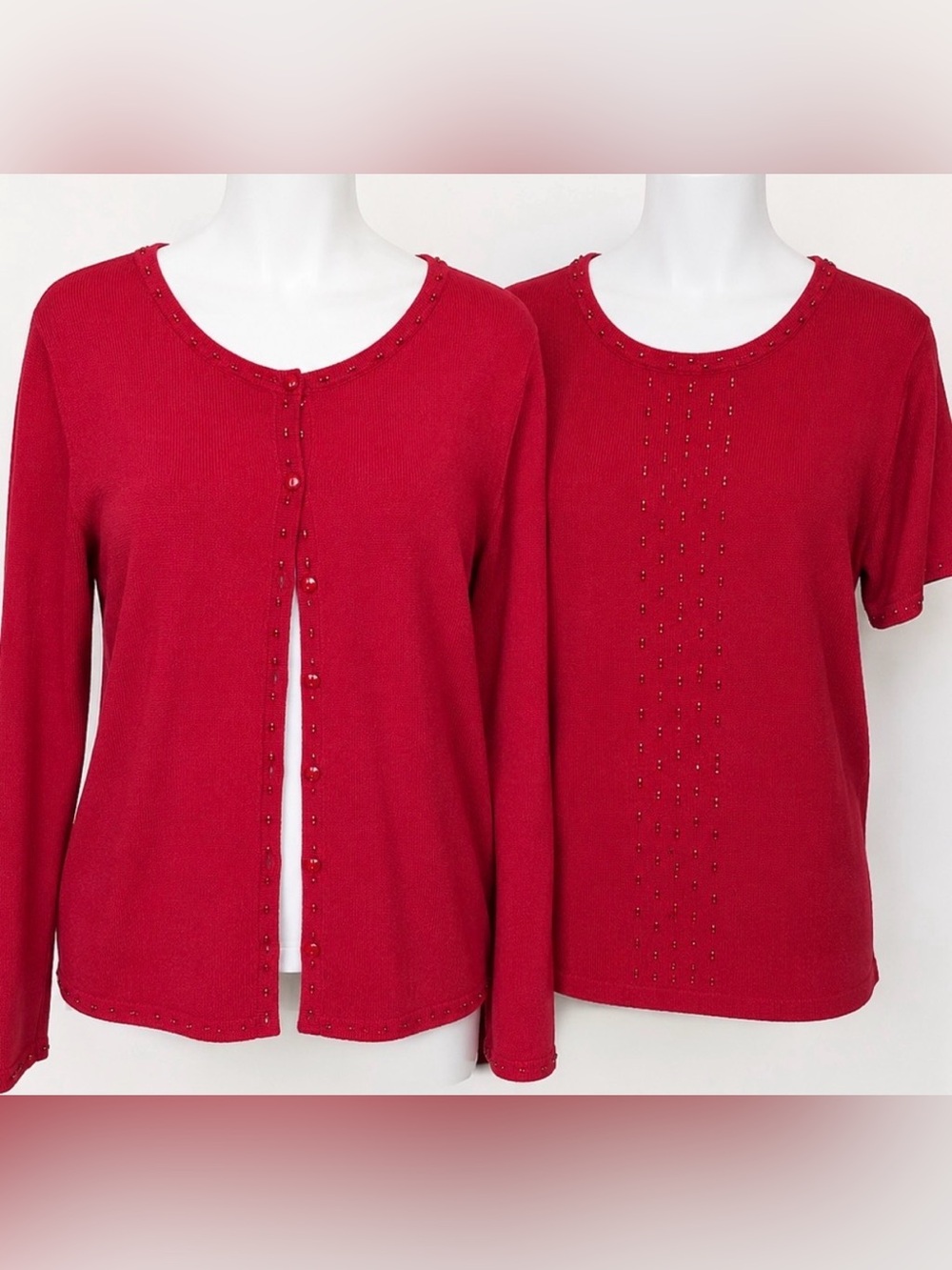 Pendleton Silk Cashmere Twin Set Large Beaded Cardigan Sweater Shell Red